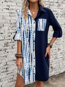 SHEIN LUNE 紮染捲邊袖補丁貼口袋襯衫連衣裙 - 藍色 - 查看 3