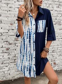 SHEIN LUNE 紮染捲邊袖補丁貼口袋襯衫連衣裙 - 藍色 - 查看 4