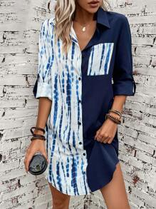 SHEIN LUNE 紮染捲邊袖補丁貼口袋襯衫連衣裙 - 藍色 - 查看 5