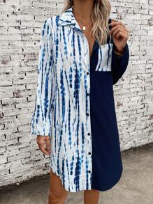 SHEIN LUNE 紮染捲邊袖補丁貼口袋襯衫連衣裙 - 藍色 - 查看 6