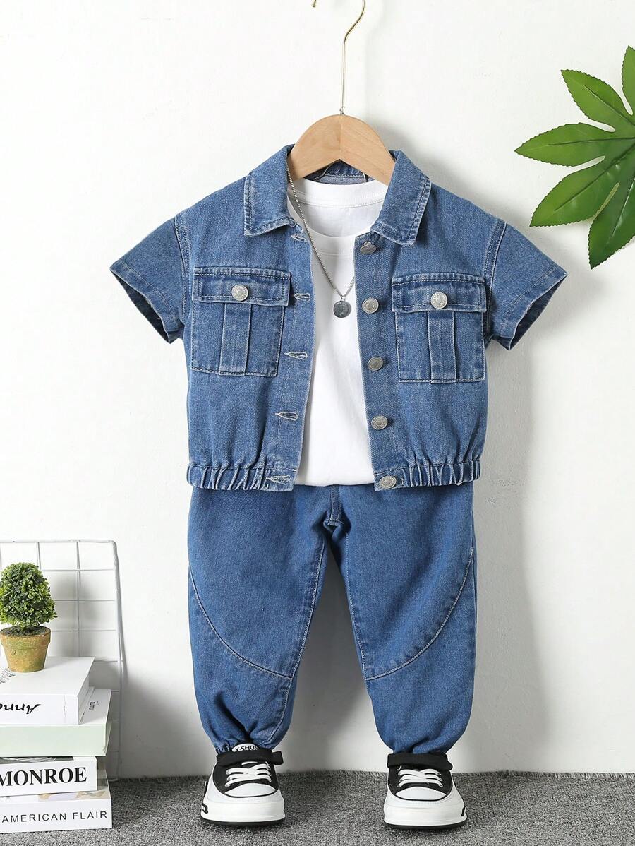 Young Boy Flap Pocket Denim Jacket & Jeans Without Tee - Medium Wash - View 1