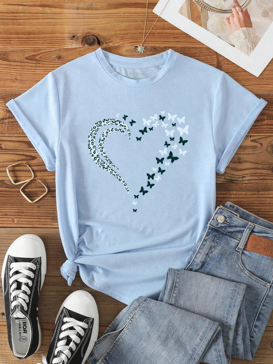 SHEIN LUNE Camiseta con mariposa con con estampado de corazón - Celeste - Ver 1