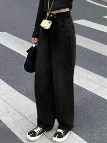 Vintage High-Waisted Button-Up Wide Leg Straight Jeans For Women - Black - View 3