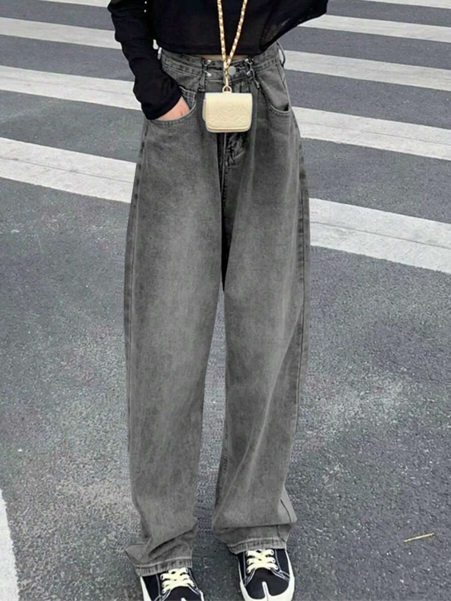 Celana Jeans Panjang Wanita Model Vintage Pinggang Tinggi Kancing Depan Potongan Lebar Lurus Kasual Musim Semi dan Gugur - Grey - View 1