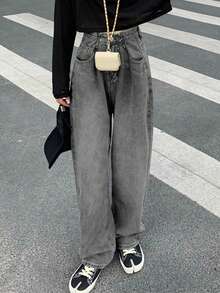 Celana Jeans Panjang Wanita Model Vintage Pinggang Tinggi Kancing Depan Potongan Lebar Lurus Kasual Musim Semi dan Gugur - Grey - View 3