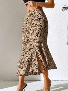 Chiquease 滿版印花高衩魚尾短裙 - 卡其色 - 查看 1