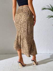 Chiquease 滿版印花高衩魚尾短裙 - 卡其色 - 查看 2