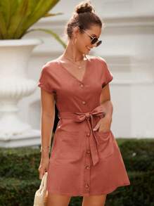 Breezaya 單排釦蝙蝠袖雙口袋繫腰帶連衣裙 - 亮橙色 - 查看 3