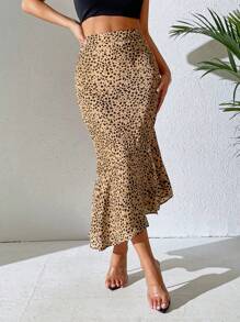 Chiquease 滿版印花高衩魚尾短裙 - 卡其色 - 查看 6