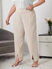 SHEIN Essnce بنطلون بحافة شق مقاس كبير - كاكي - مشاهدة 1
