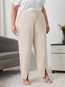 SHEIN Essnce بنطلون بحافة شق مقاس كبير - كاكي - مشاهدة 2