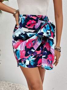 SHEIN Clasi Allover Print Knot Side Wrap Hem Skirt - Multicolor - View 1