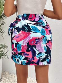 SHEIN Clasi Allover Print Knot Side Wrap Hem Skirt - Multicolor - View 2