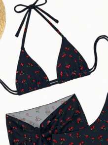 Swim Mod Summer Beach Cherry Print Halter Triangle Bikini Set With Beach Skirt - Black - View 4