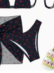 Swim Mod Summer Beach Cherry Print Halter Triangle Bikini Set With Beach Skirt - Black - View 5