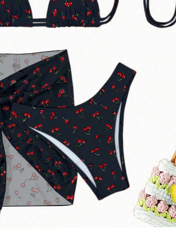 Swim Mod Bañador bikini triángulo halter con estampado de cereza con falda de playa - Negro - Añade 5