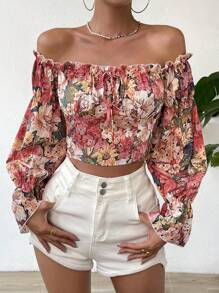 SHEIN VCAY 印花一字肩荷葉袖短款襯衫 - 彩色 - 查看 1