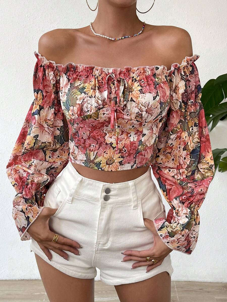 SHEIN VCAY 印花一字肩荷葉袖短款襯衫 - 彩色 - 查看 1