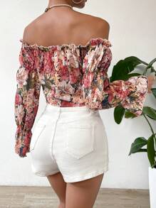 SHEIN VCAY 印花一字肩荷葉袖短款襯衫 - 彩色 - 查看 2