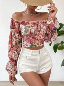 SHEIN VCAY 印花一字肩荷葉袖短款襯衫 - 彩色 - 查看 3