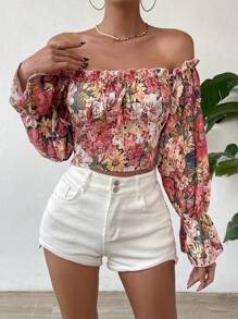 SHEIN VCAY 印花一字肩荷葉袖短款襯衫 - 彩色 - 查看 4