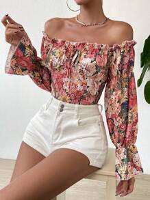 SHEIN VCAY 印花一字肩荷葉袖短款襯衫 - 彩色 - 查看 5