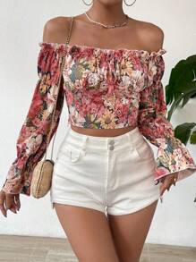 SHEIN VCAY 印花一字肩荷葉袖短款襯衫 - 彩色 - 查看 6