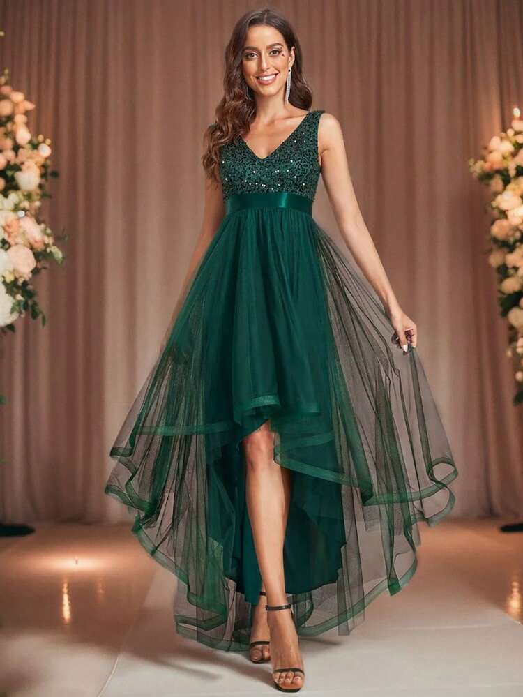 Sexy Winter V-Neck Sequin Sleeveless High-Low Tulle Contrast Dark Green Ball Gown Dress For Party Christmas New Year Wedding Elegant Spring