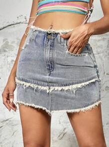 復古水鑽細節毛邊緣迷你牛仔半身裙 - 淺色水洗藍 - 查看 1