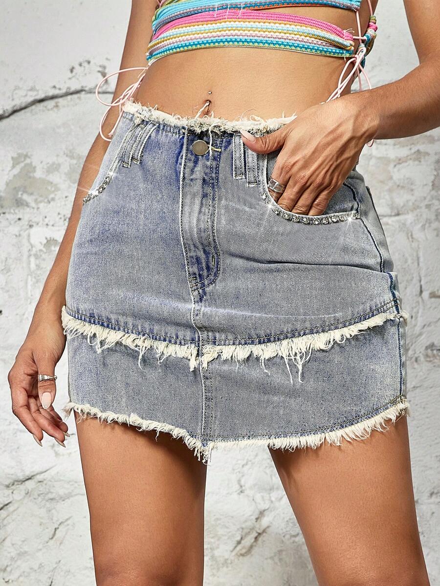 復古水鑽細節毛邊緣迷你牛仔半身裙 - 淺色水洗藍 - 查看 1