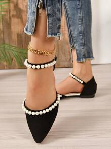 2025 秋季女士尖头平底凉鞋珍珠装饰扣设计镂空休闲鞋，四季皆宜 - 黑色 - 查看 2