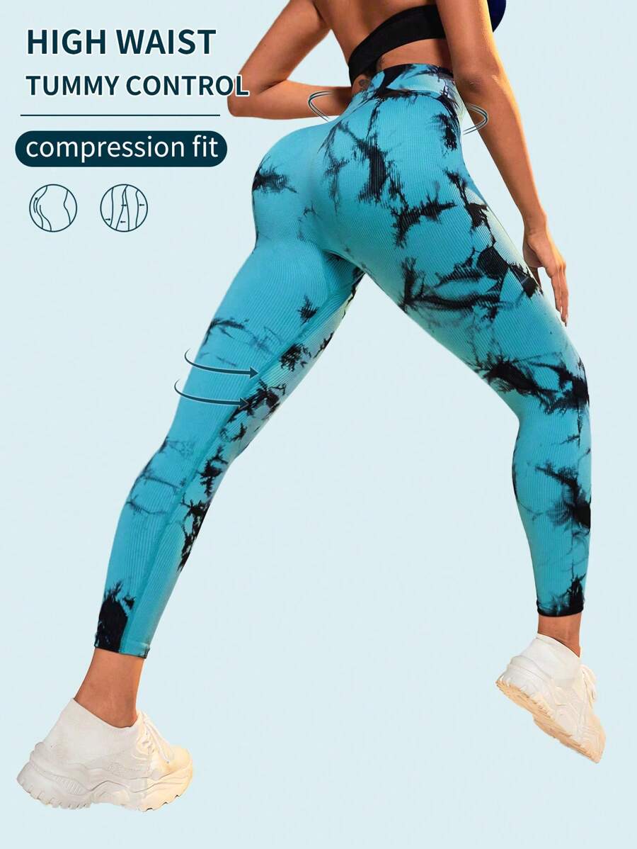 紮染寬腰帶運動打底褲 - 青碧色 - 查看 1