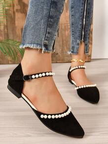 2025 秋季女士尖头平底凉鞋珍珠装饰扣设计镂空休闲鞋，四季皆宜 - 黑色 - 查看 3