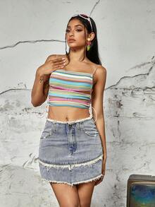 復古水鑽細節毛邊緣迷你牛仔半身裙 - 淺色水洗藍 - 查看 3