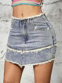 復古水鑽細節毛邊緣迷你牛仔半身裙 - 淺色水洗藍 - 查看 5