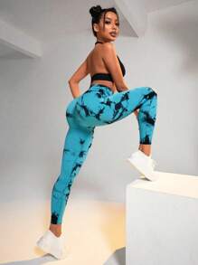 紮染寬腰帶運動打底褲 - 青碧色 - 查看 5