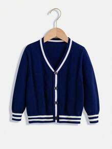 SHEIN Young Boy Striped Trim Button Up Cardigan - Navy Blue - View 1