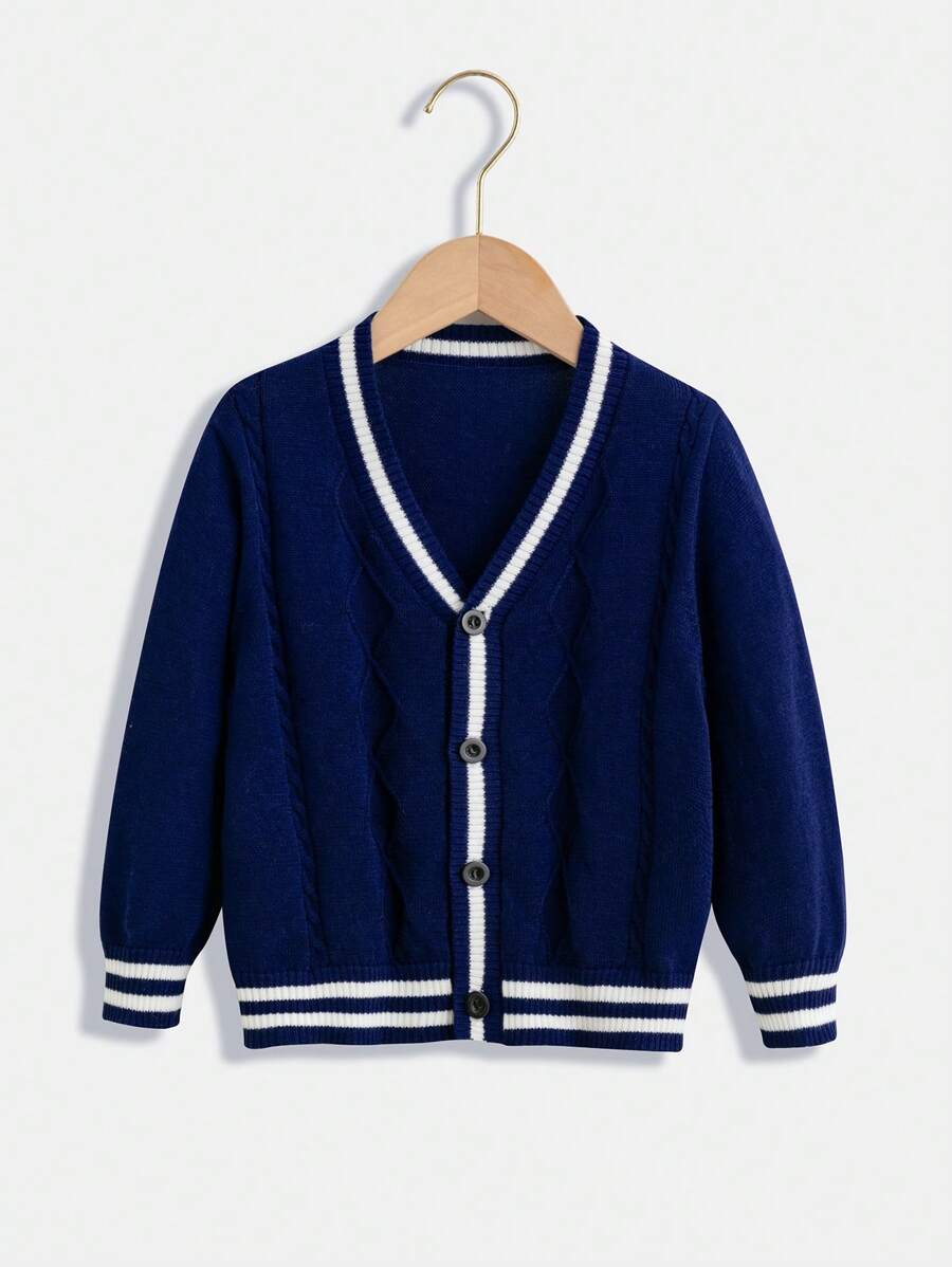 SHEIN Young Boy Striped Trim Button Up Cardigan - Navy Blue - View 1