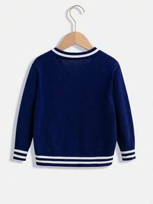 SHEIN Young Boy Striped Trim Button Up Cardigan - Navy Blue - View 2