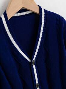 SHEIN Young Boy Striped Trim Button Up Cardigan - Navy Blue - View 3