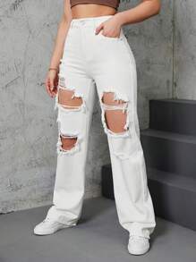 SHEIN EZwear Jeansy z wysokim stanem z przetarciami