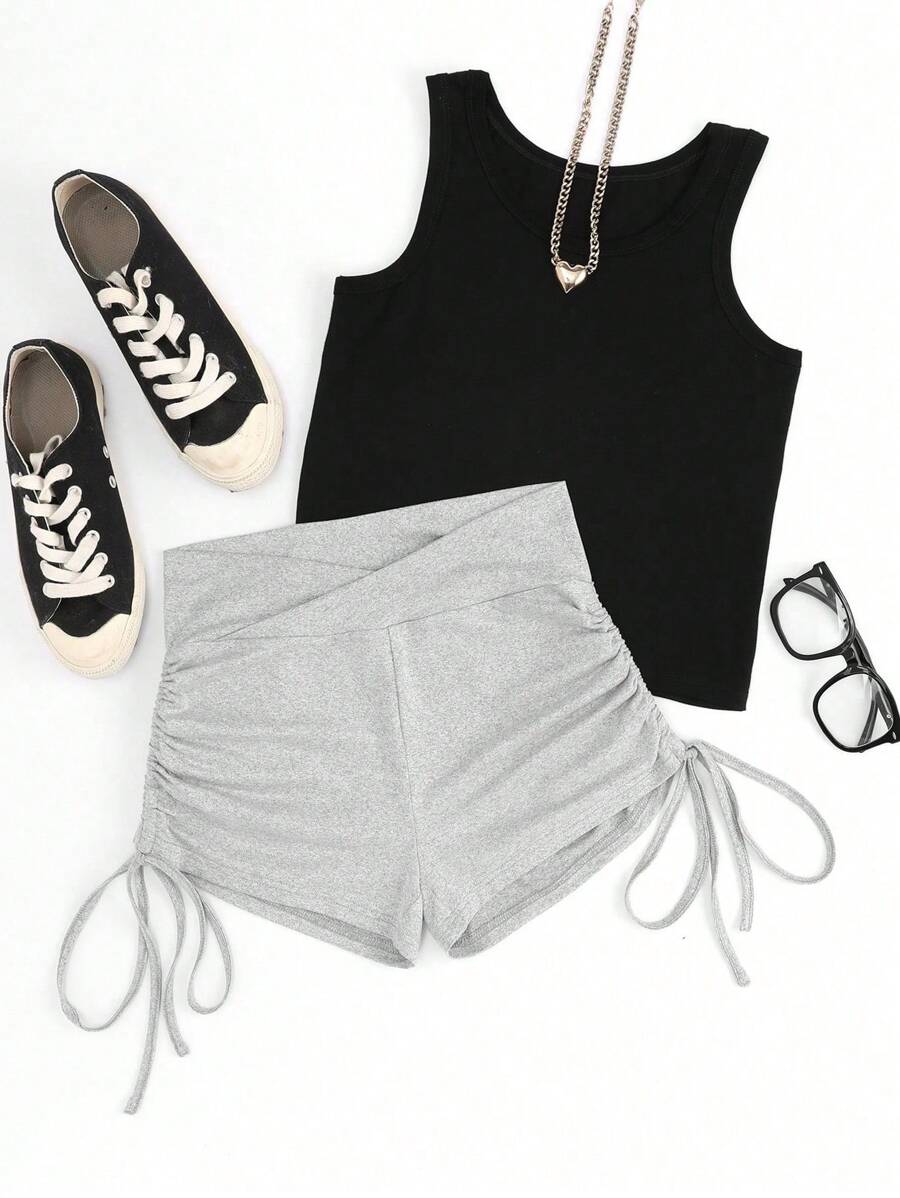 SHEIN Unity 素色側抽繩短褲 - 灰色 - 查看 1