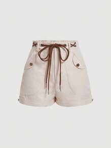 SHEIN MOD 腰部抽繩翻蓋斜口袋短褲 - 杏色 - 查看 1