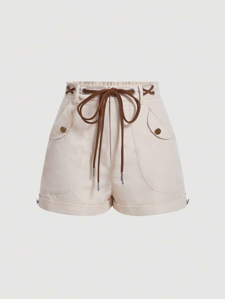 SHEIN MOD 腰部抽繩翻蓋斜口袋短褲 - 杏色 - 查看 1