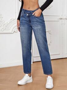 SHEIN Essnce 階梯式腰牛仔褲 - 中等水洗藍 - 查看 1