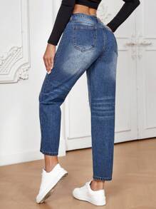 SHEIN Essnce 階梯式腰牛仔褲 - 中等水洗藍 - 查看 2