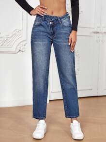 SHEIN Essnce 階梯式腰牛仔褲 - 中等水洗藍 - 查看 4