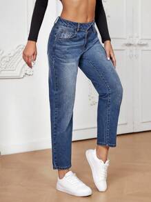 SHEIN Essnce 階梯式腰牛仔褲 - 中等水洗藍 - 查看 5