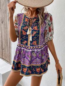 BTFBM 印花繫帶領泡泡袖荷葉邊下擺襯衫 - 彩色 - 查看 3