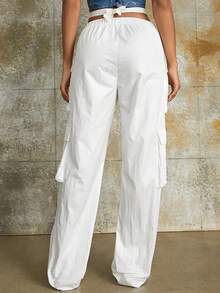 Y2K Eo V Ruy băng Túi nắp bên cạnh Người chạy bộ Quần Cargo - trắng - Xem 2